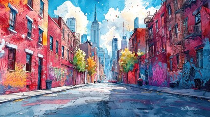 Fototapeta premium Expressive watercolor illustration a city alleyway with graffiti art