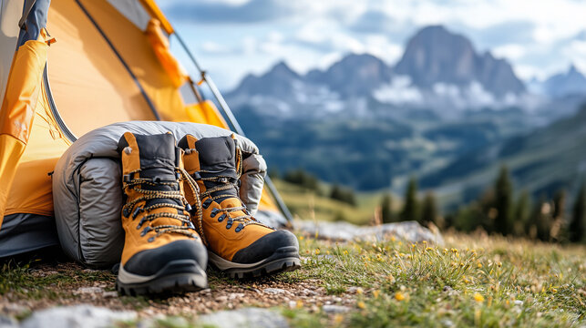 Outdoor camping gear, including boots and a rolled-up sleeping bag, with a scenic mountain view in the background.