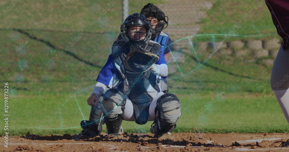 Poster baseball catcher in gear with data processing image over field background