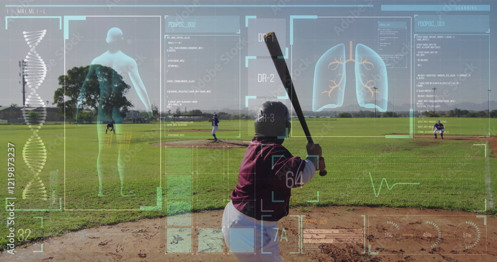 Poster baseball player preparing to bat with health data image over field