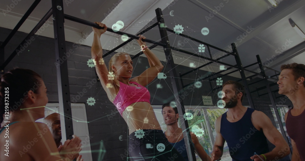 Poster network of connections and data processing image over people exercising in gym