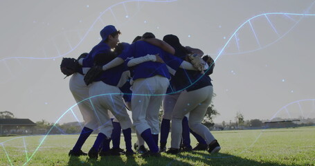 DNA strand image over baseball team huddling on field