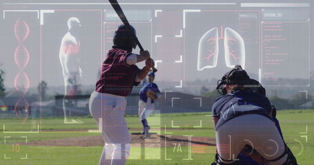 Baseball players in action with medical data image overlaid