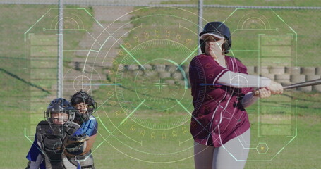 Baseball player preparing to bat, futuristic targeting image over sports field