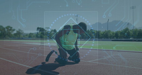 Athlete on track with digital interface image over circuit board elements