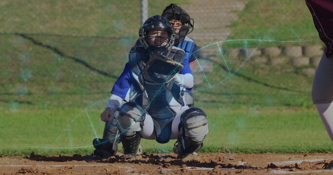 Baseball catcher in gear with data processing image over field background