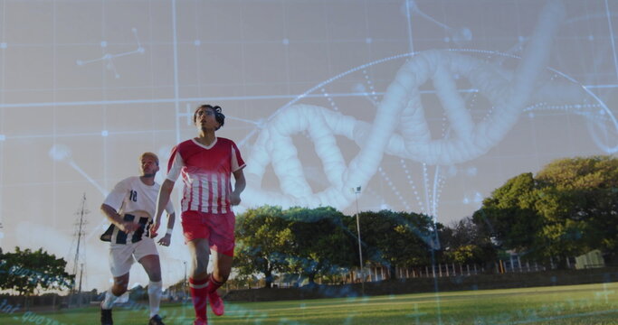 DNA strand and scientific data image over soccer players on field