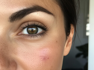 Close-Up Portrait of Woman with Redness and Blemishes on Cheeks