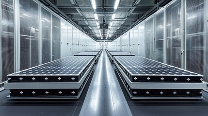 Obraz premium Server room with rows of servers and bright lights.