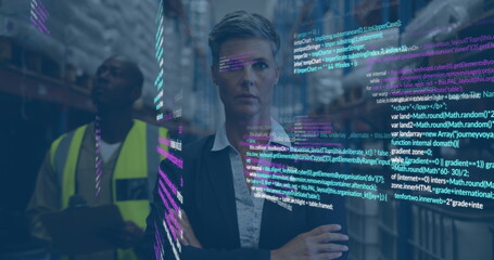 Computer code image over businesswoman in warehouse with worker in background