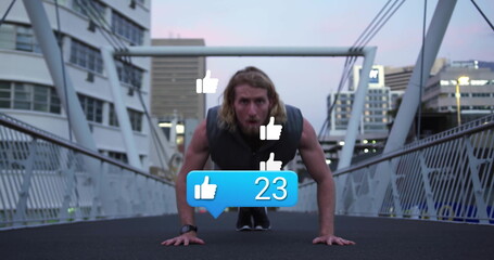 Man exercising on bridge with social media likes image overlay
