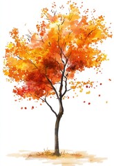 Watercolor Painting of Autumn Tree with Falling Leaves