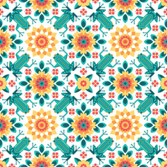 Spring nature background with frogs and flowers. Floral geometric seamless pattern with frog. Texture for wallpaper, tile, textile, fabric, packaging, home decor