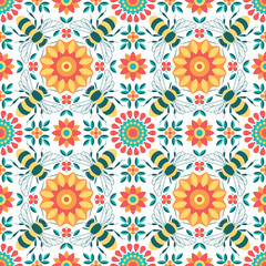 Spring nature background with bees and flowers. Floral geometric seamless pattern with bee. Texture for wallpaper, textile, fabric, packaging, home decor