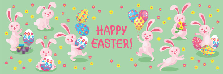 Easter background with funny cute bunnies with long ears. Happy funny hares celebrate Easter, play, have fun.