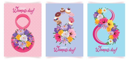 Set of beautiful creative floral backgrounds for Women's Day with different variations of the number 8. Greeting card with spring blooming flowers laid out in the shape of an eight. Poster, banner, 
