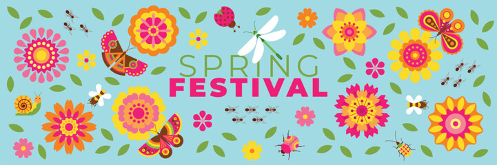 Bright creative background with abstract decorative flowers, butterflies and insects. Beautiful floral background with nature elements for spring festival