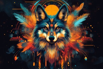 Vibrant Wolf Art: Feathers, Geometry, and Mystical Design