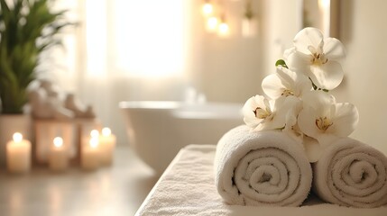 Obraz premium A luxurious spa room with neutral decor, soft lighting, and space for showcasing wellness products