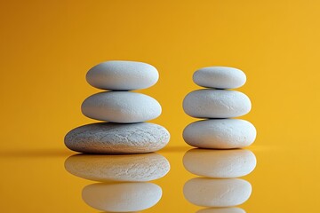 Colorful Balanced Stacked Rocks and Pebbles on Yellow Background