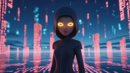 Futuristic Woman With Glowing Eyes in a Digital Matrix-Like Environment