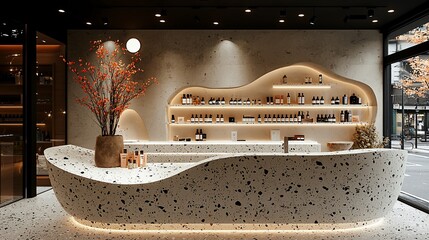 Modern spa retail store with curved terrazzo counter, shelves, and display of products.
