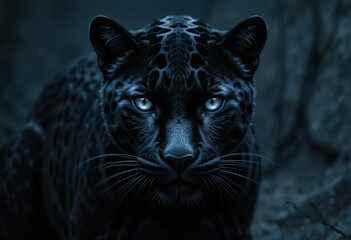 A close-up image depicts a black leopard with piercing blue eyes, staring intensely from the shadows of a dark environment.