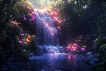 Magical waterfall in enchanted forest with glowing flora