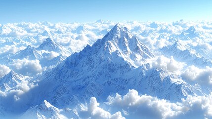 Fototapeta premium Snowy mountain peaks above fluffy clouds on a blue sky.