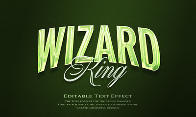 ”King Wizard” Editable title logo text style effect in light green glitter, sans serif typeface
