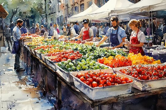 Expressive watercolor scene a downtown food festival with culinary delights and eager foodies