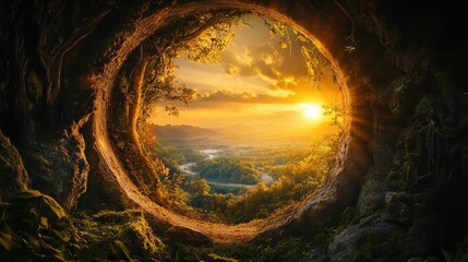 Keyhole view of sunlit landscape. 