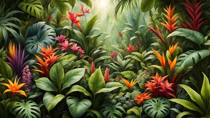 Fototapeta premium Lush digital painting of vibrant tropical flowers and foliage in a vibrant rainforest setting.