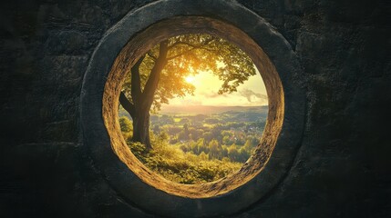 Keyhole view of sunlit landscape. 