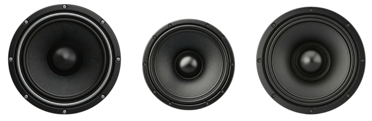set of black loudspeaker stereo volume sub-woofer with circular cone and sleek design isolated on white background, png file. Sound stereo mono system graphic resource