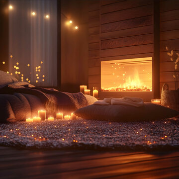 A cinematic ultrarealistic 8K image of a peaceful cozy indoor space illuminated by a softly glowing fireplace The fireplace crackles gently casting warm orange and ambe