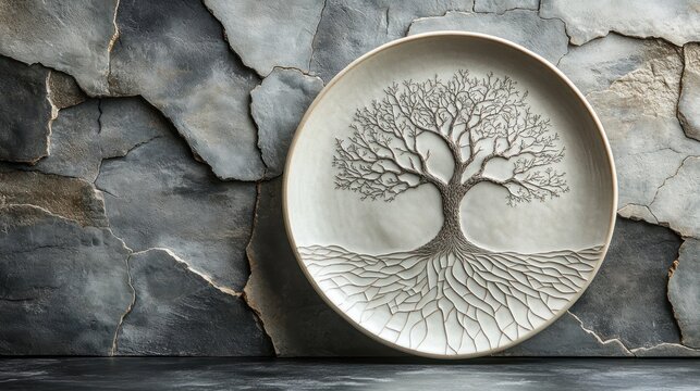 Modern Decorative Plate with Tree Patterns on Cracked Tile Wall