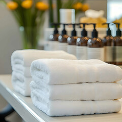 a image of fresh clean towels perfectly folded in a hairdressers salon with a white background