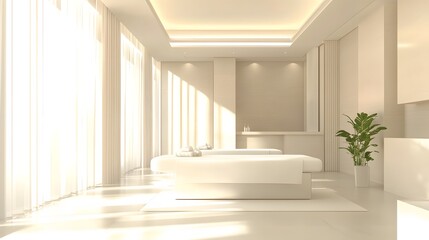 A clean and modern spa treatment room with neutral tones and empty space for wellness product showcasing