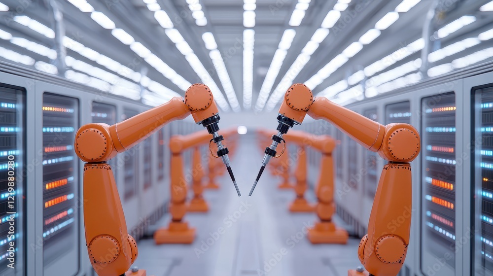 Poster futuristic industrial robots engaging in automated assembly process