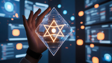 Hand Holding Glowing Geometric Hologram in Futuristic Digital Environment