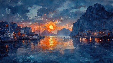 Fototapeta premium Peaceful watercolor painting a small fishing village at twilight