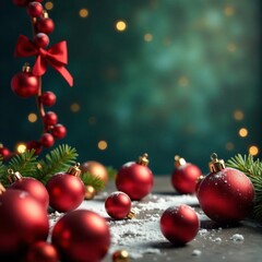 Merry Christmas scene with an abundance of shiny red and gold Christmas balls scattered on the ground, red, garland