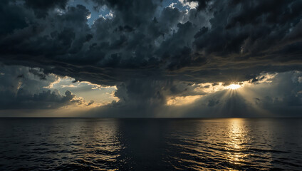 Golden Rays Piercing Stormy Clouds Over a Tranquil Ocean at Sunset