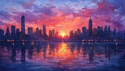 Fototapeta premium Soft watercolor depiction a cityscape at twilight with lights reflecting in the river