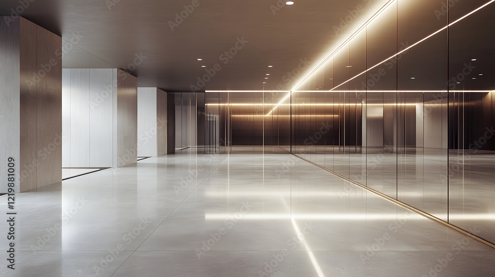 Poster a spacious and modern dance studio with a mirrored wall and empty floor space to display dance appar