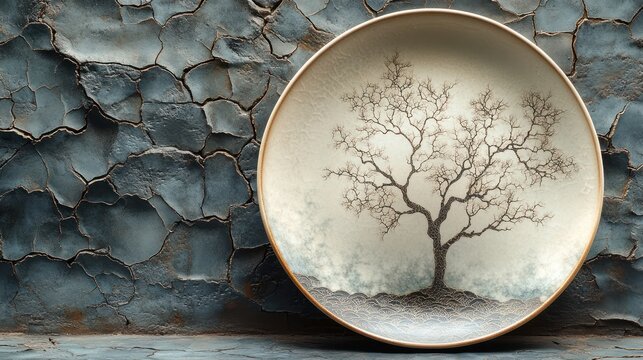 Modern Decorative Plate on Cracked Ceramic Tile Wall with Tree Patterns and Natural Lighting
