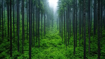 Naklejka premium Lush Green Forest with Misty Atmosphere and Towering Pine Trees