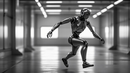 Advanced Humanoid Robot Running Indoors in a Futuristic Environment
