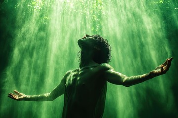 Happy black man dancing in vibrant green background celebrating energy and joy filled with movement and fun for party and excitement